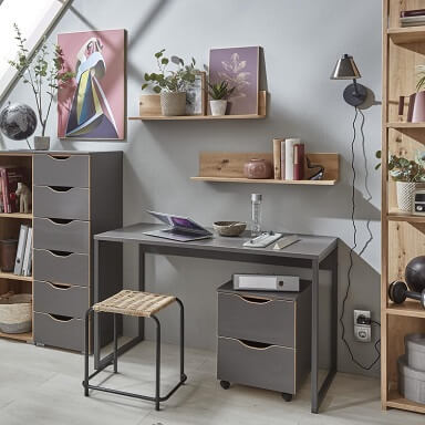 Möbel GUNST - Lernmöbel: Moderner Jugend-Schreibtisch in Grau mit Rollcontainer und Schubladen-Regal.