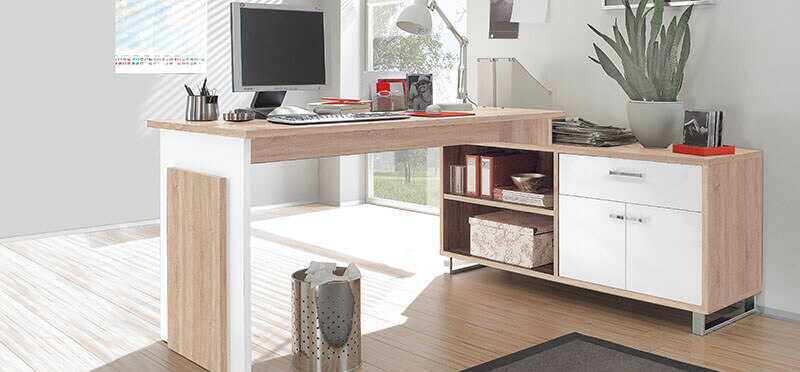 Möbel GUNST - Lernmöbel: Schreibtisch mit integrierter Kommode in einem Jugendzimmer.