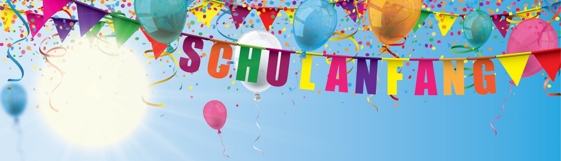 GUNST-Blog "Das gehört in die Schultüte" Headerbild mit Wimpelkette "Schultüte", Luftballons und Konfetti.