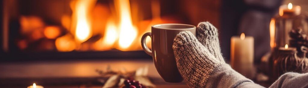 Füße in Wollsocken auf Tisch neben Tasse, unscharfer Hintergrund mit Kerzen und Kamin – winterliche Stimmung.