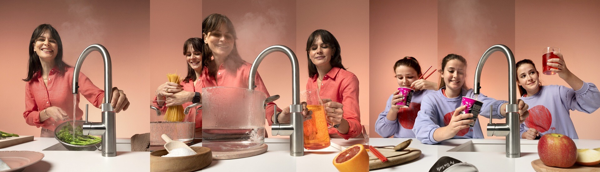 Collage mit Szenen, in denen der Quooker Wasserhahn kochendes und gekühltes Wasser spendet.