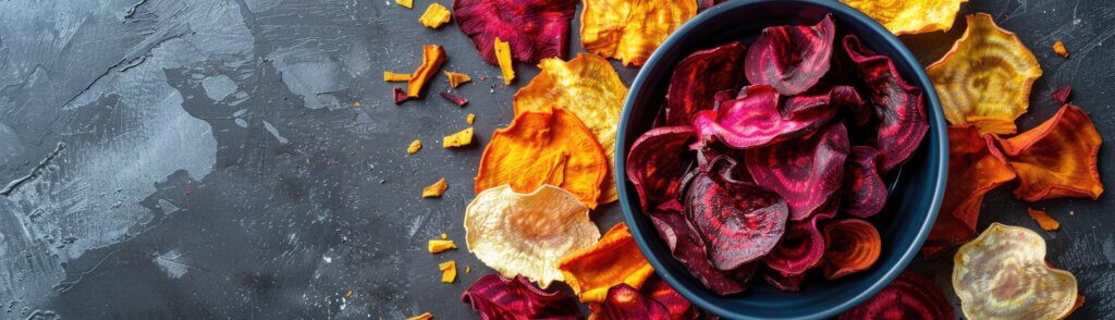 Verschiedene Gemüsechips aus Wurzelgemüse in einer Schüssel und auf einer Schieferplatte: Sellerie, Karotte, Rote Bete, Kartoffeln.
