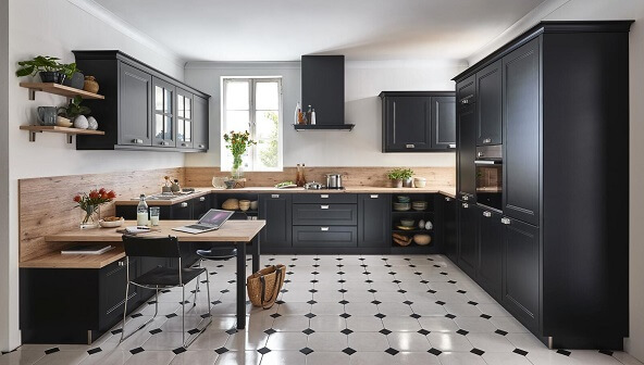 GUNST-Küchenwelt - Großräumige U-Form Küche, Landhausstil in schwarz